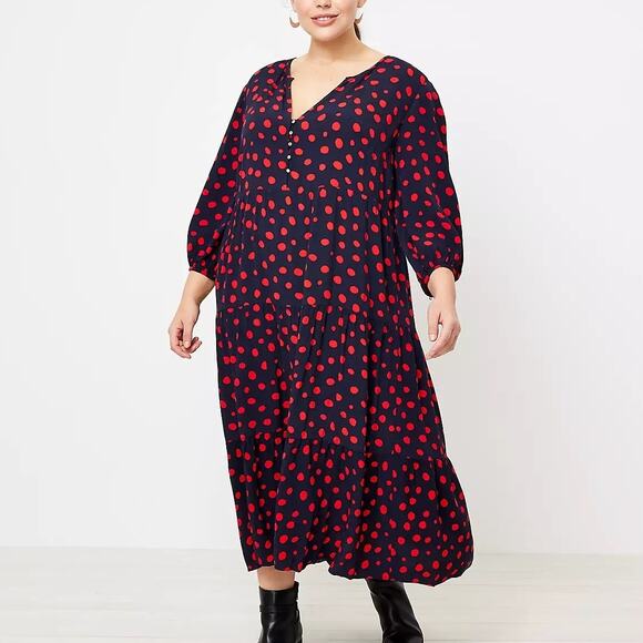 LOFT Petite Dotted Tiered Midi Dress Navy and Red Petite Small - Picture 1 of 10